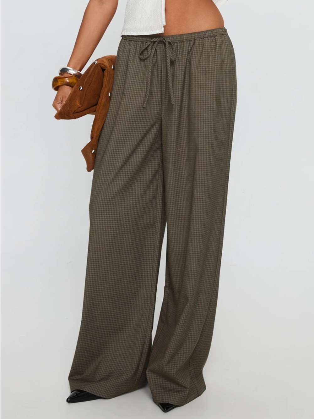 Princess Polly Ketrina Tie Waist Pants Brown Plaid - Picture 2 of 4